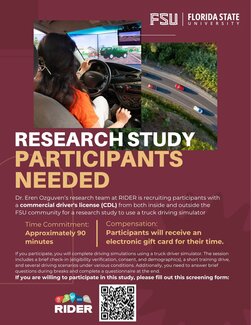 Promotional flyer for a Florida State University research study recruiting participants with a Commercial Driver’s License (CDL). The flyer features images of a person using a driving simulator and an aerial roadway view.