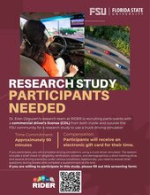 Promotional flyer for a Florida State University research study recruiting participants with a Commercial Driver’s License (CDL). The flyer features images of a person using a driving simulator and an aerial roadway view.